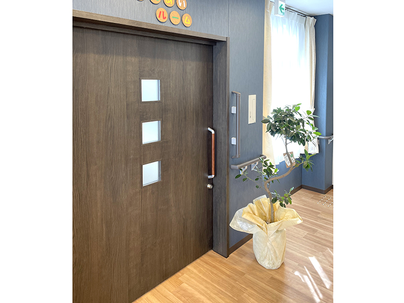 モダンな玄関ドアと開放的なエントランスホール。時計と観葉植物が配置されている。